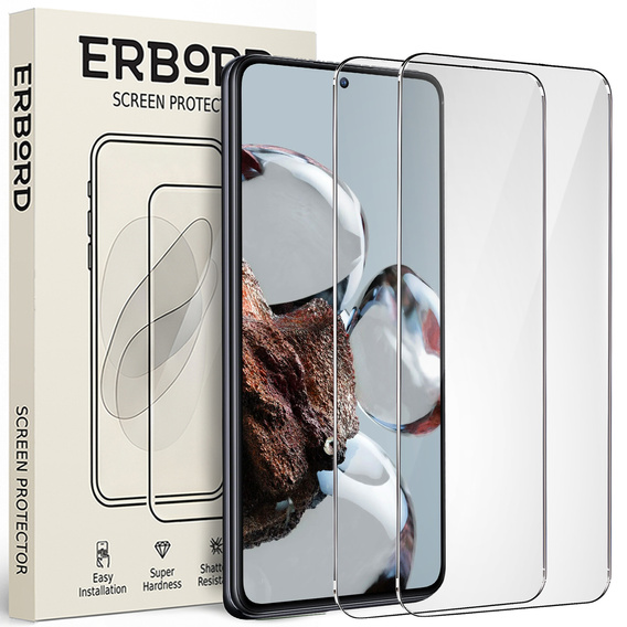 2x Tempered Glass for Xiaomi 12T/12T Pro, ERBORD 9H Hard Glass for phone screen