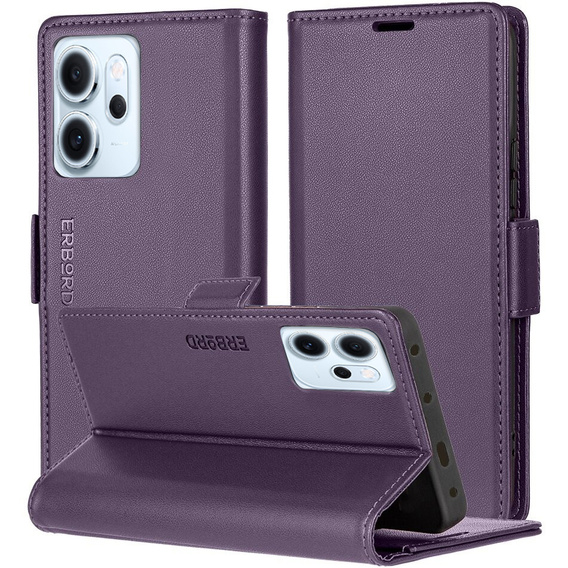 Etui do Oppo Reno 14 F / 14 FS, ERBORD Glossy Litchi, portfel z klapką, fioletowe