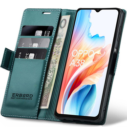 Case for Oppo A18 4G / A38 4G, ERBORD Glossy Litchi, wallet with flap, green