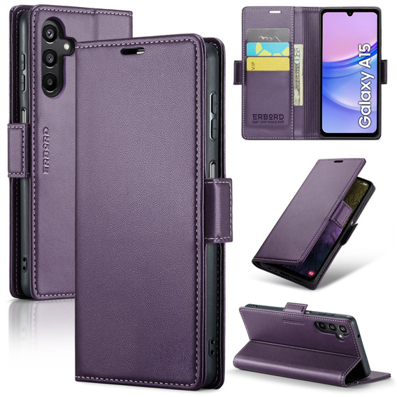Case for Samsung Galaxy A15 4G / 5G, ERBORD Glossy Litchi, flip wallet + 9H Tempered Glass