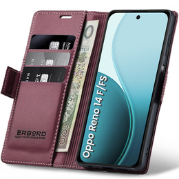 Case for Oppo Reno 14 F / 14 FS, ERBORD Glossy Litchi, wallet with flap, red