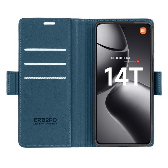 Case for Xiaomi 14T, ERBORD Glossy Litchi, wallet with flap, blue