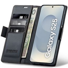 Case for Samsung Galaxy S25, ERBORD Glossy Litchi, wallet with flap, black