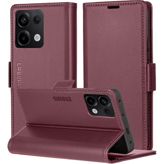 Case for Xiaomi Redmi Note 13 Pro 4G / Xiaomi Redmi Note 14S / Xiaomi Poco M6 Pro 4G, ERBORD Glossy Litchi, wallet with flap, red