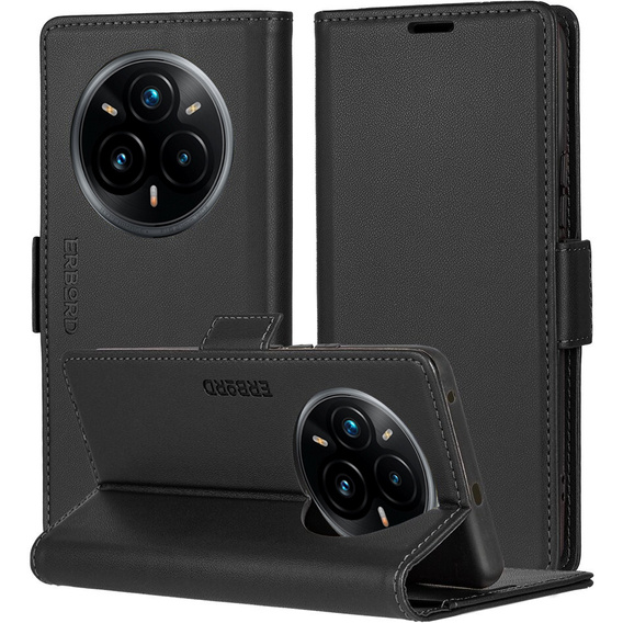 Case for Realme 14 Pro+ 5G, ERBORD Glossy Litchi, wallet with flap, black