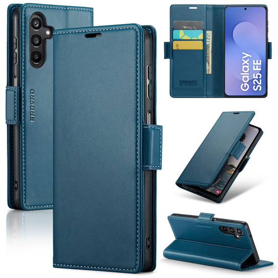 Case for Samsung Galaxy S25 FE, ERBORD Glossy Litchi, wallet with flap, blue