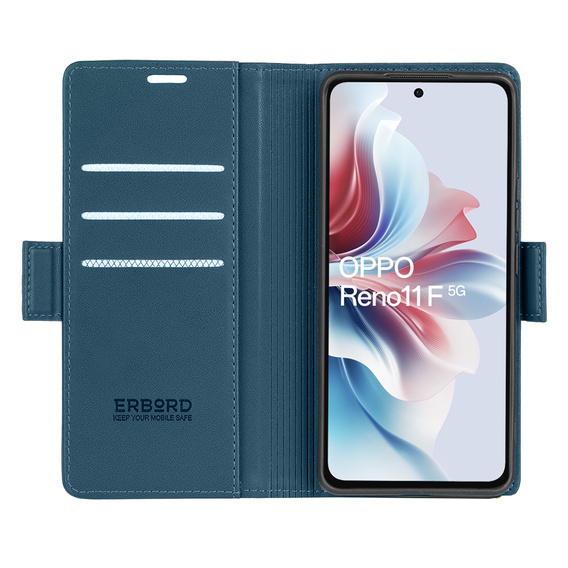 Case for Oppo Reno 11F, ERBORD Glossy Litchi, wallet with flap, blue