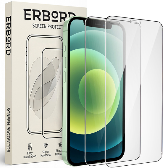 2x Szkło Hartowane do iPhone 12 Mini, ERBORD 9H Hard Glass, szybka