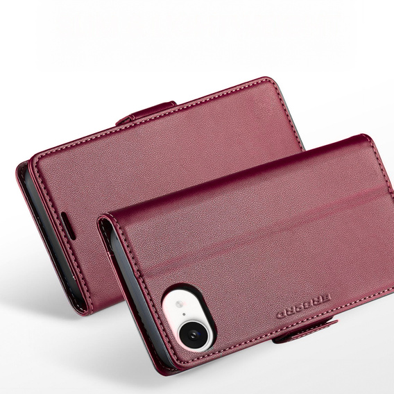 Etui do iPhone 16E, ERBORD Glossy Litchi, portfel z klapką, czerwone