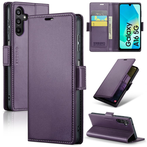 Case for Samsung Galaxy A16, ERBORD Glossy Litchi, wallet with flap, purple