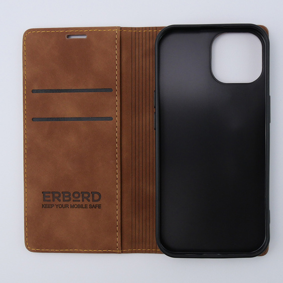 Etui do iPhone 15, ERBORD Vintage portfel z klapką, brązowe