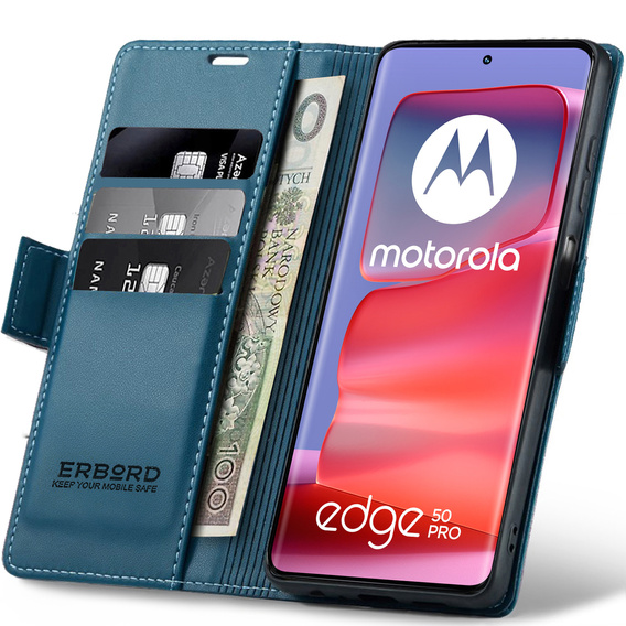 Case for Motorola Edge 50 Pro, ERBORD Glossy Litchi, wallet with flap, blue