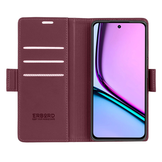 Case for Realme C67 4G, ERBORD Glossy Litchi, wallet with flap, red