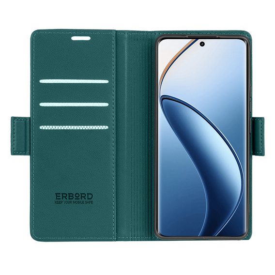 Case for Realme 12 Pro 5G / 12 Pro+ 5G, ERBORD Glossy Litchi, wallet with flap, green