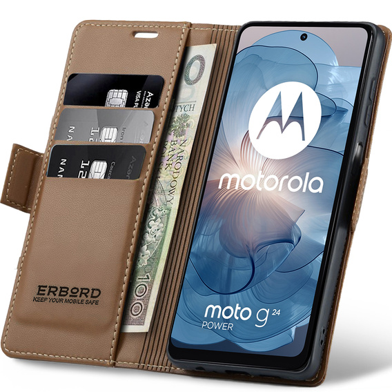 Case for Motorola Moto G24 Power, ERBORD Glossy Litchi, wallet with flap, brown