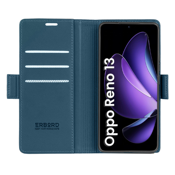 Case for Oppo Reno 13, ERBORD Glossy Litchi, wallet with flap, blue