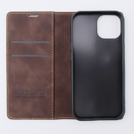 Etui do iPhone 15, ERBORD Vintage portfel z klapką, kawowe