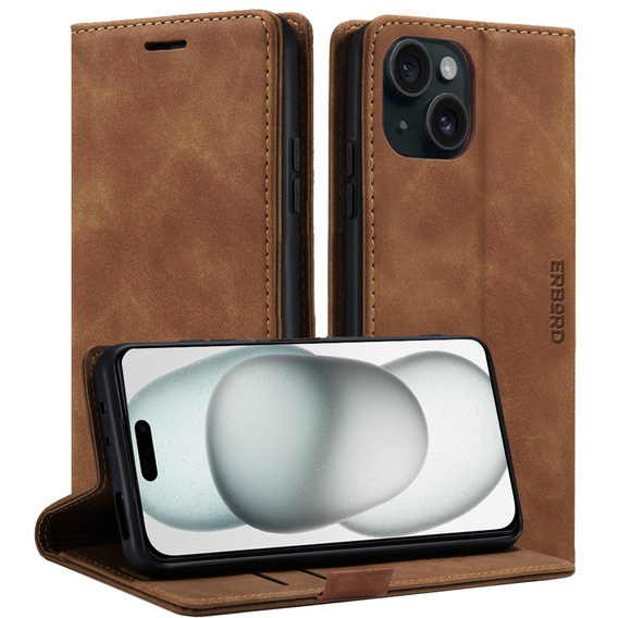 Etui do iPhone 15, ERBORD Vintage portfel z klapką, brązowe