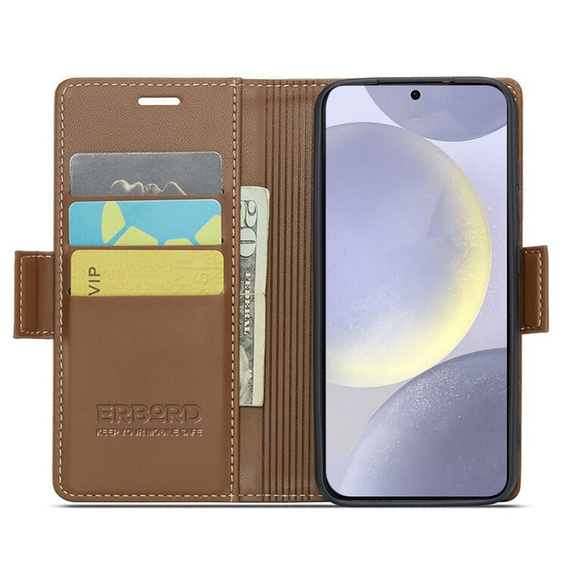 Case for Samsung Galaxy S24, ERBORD Glossy Litchi, wallet with flap, brown