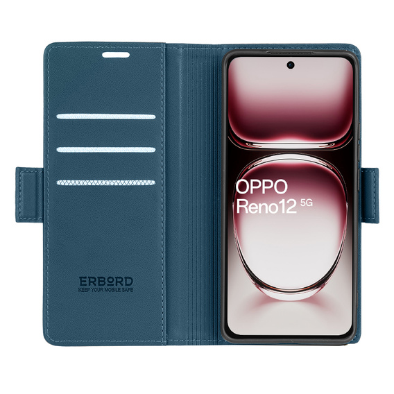 Case for Oppo Reno 12, ERBORD Glossy Litchi, wallet with flap, blue