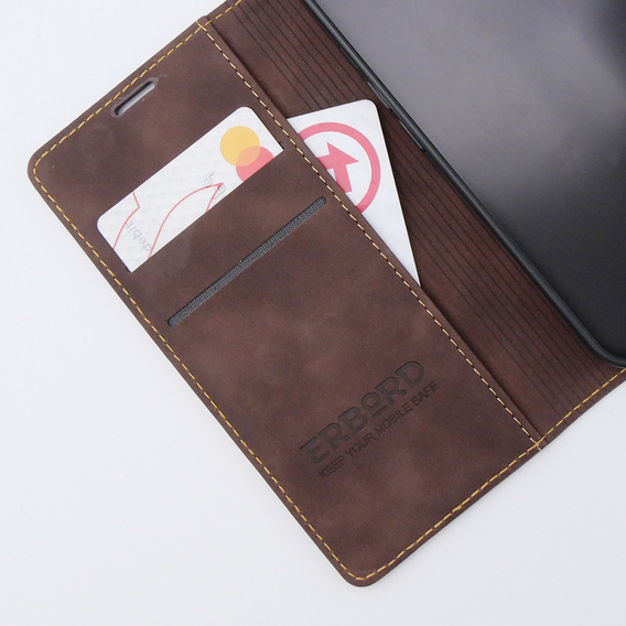 Etui do iPhone 15, ERBORD Vintage portfel z klapką, kawowe