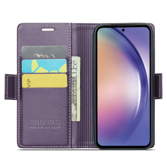 Case for Samsung Galaxy A55, ERBORD Glossy Litchi, wallet with flap, purple