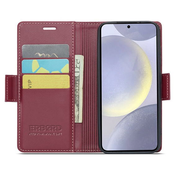 Case for Samsung Galaxy S24, ERBORD Glossy Litchi, wallet with flap, red