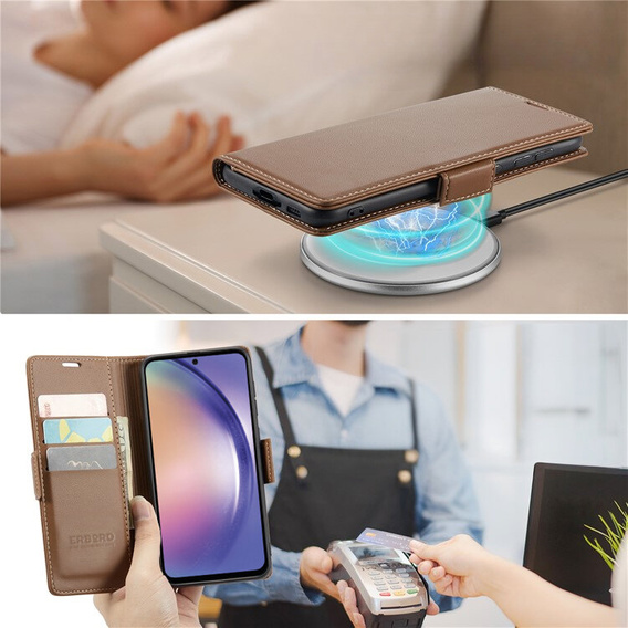 Case for Samsung Galaxy A55, ERBORD Glossy Litchi, wallet with flap, brown