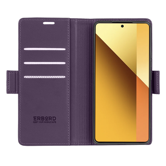 Case for Xiaomi Redmi Note 13 5G, ERBORD Glossy Litchi, wallet with flap, purple