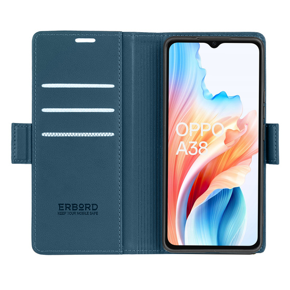 Case for Oppo A18 4G / A38 4G, ERBORD Glossy Litchi, wallet with flap, blue