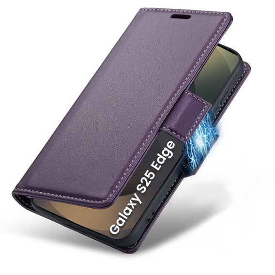 Case for Samsung Galaxy S25 Edge, ERBORD Glossy Litchi, wallet with flap, purple