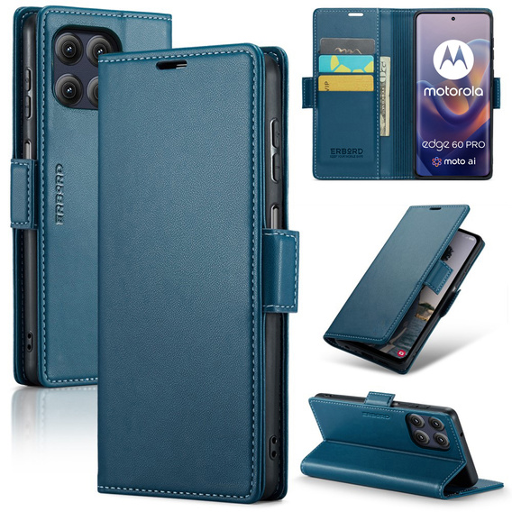 Etui do Motorola Edge 60 Pro, ERBORD Glossy Litchi, portfel z klapką, niebieskie