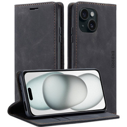 Case for iPhone 15, ERBORD Vintage, wallet with flap, black
