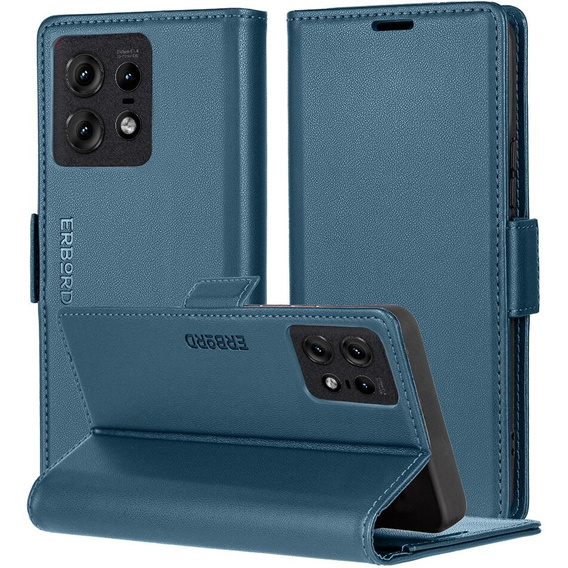 Case for Motorola Edge 50 Pro, ERBORD Glossy Litchi, wallet with flap, blue