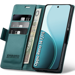 Case for Oppo Reno 14 F / 14 FS, ERBORD Glossy Litchi, wallet with flap, green