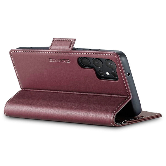 Case for Samsung Galaxy S24 Ultra, ERBORD Glossy Litchi, wallet with flap, red