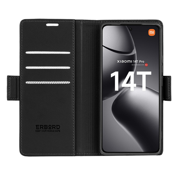 Case for Xiaomi 14T Pro, ERBORD Glossy Litchi, wallet with flap, black