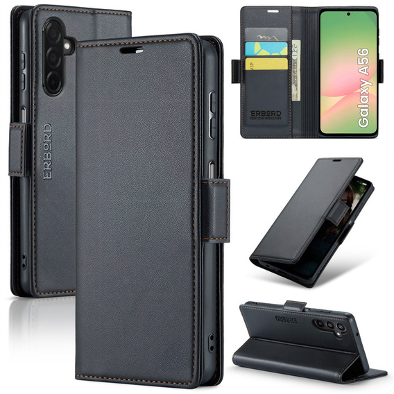 Case for Samsung Galaxy A56, ERBORD Glossy Litchi, wallet with flap, black