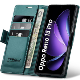 Case for Oppo Reno 13 Pro, ERBORD Glossy Litchi, wallet with flap, green