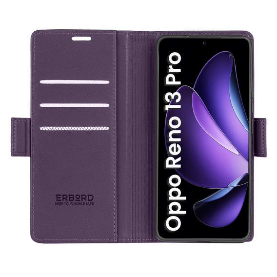 Case for Oppo Reno 13 Pro, ERBORD Glossy Litchi, wallet with flap, purple