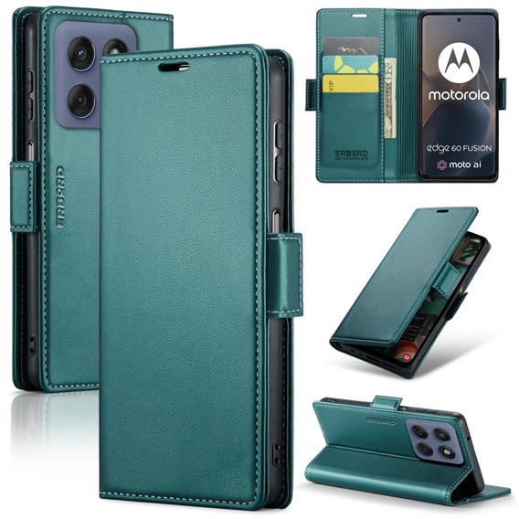 Case for Motorola Edge 60 / 60 Fusion, ERBORD Glossy Litchi, wallet with flap, green