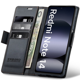 Case for Xiaomi Redmi Note 14 5G, ERBORD Glossy Litchi, wallet with flap, black