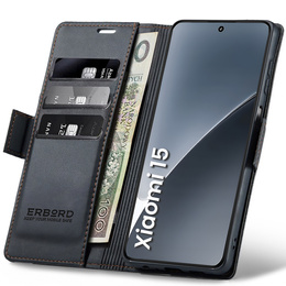 Case for Xiaomi 15, ERBORD Glossy Litchi, wallet with flap, black
