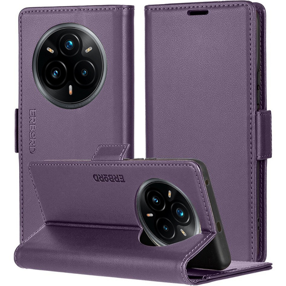 Case for Realme 14 Pro 5G, ERBORD Glossy Litchi, wallet with flap, purple
