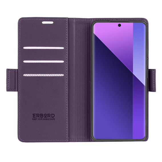 Case for Xiaomi Redmi Note 13 Pro+, ERBORD Glossy Litchi, wallet with flap, purple