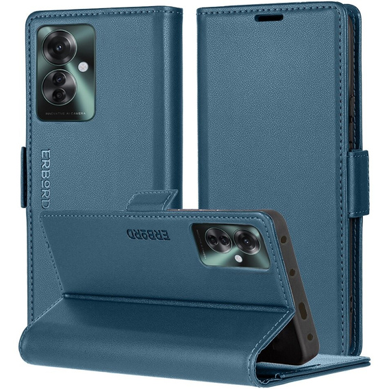 Case for Oppo Reno 11F, ERBORD Glossy Litchi, wallet with flap, blue