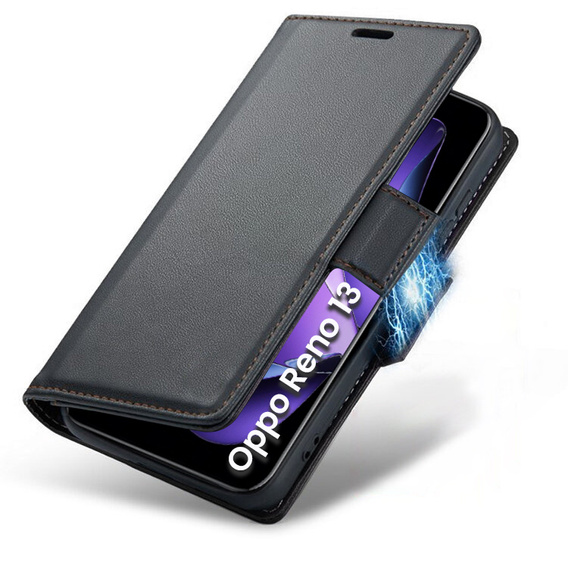 Case for Oppo Reno 13, ERBORD Glossy Litchi, wallet with flap, black