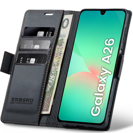 Case for Samsung Galaxy A26, ERBORD Glossy Litchi, wallet with flap, black