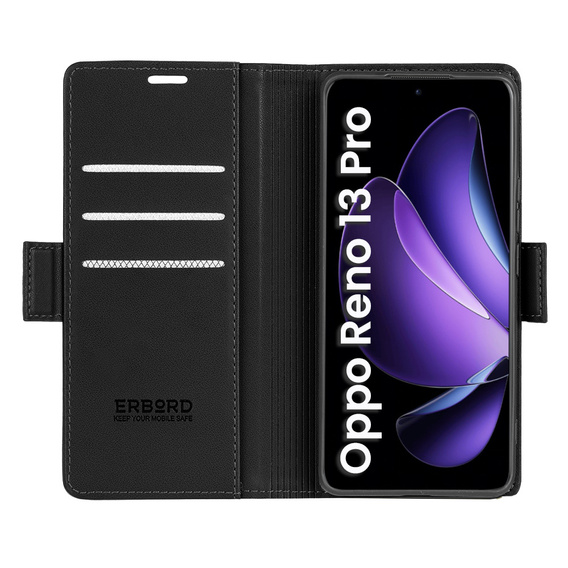 Case for Oppo Reno 13 Pro, ERBORD Glossy Litchi, wallet with flap, black