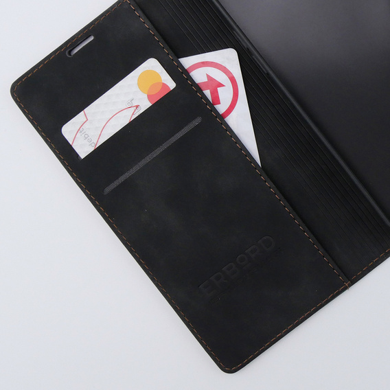 Case for iPhone 15 Pro, ERBORD Vintage, wallet with flap, black